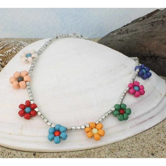 Multi-colored Beaded Floral Silver Boho Anklet - Picture 2 of 2